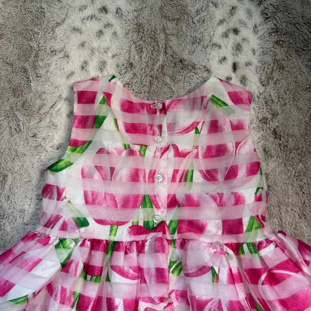 Marmellata pink green floral stripes dress girls size 5 Easter garden party